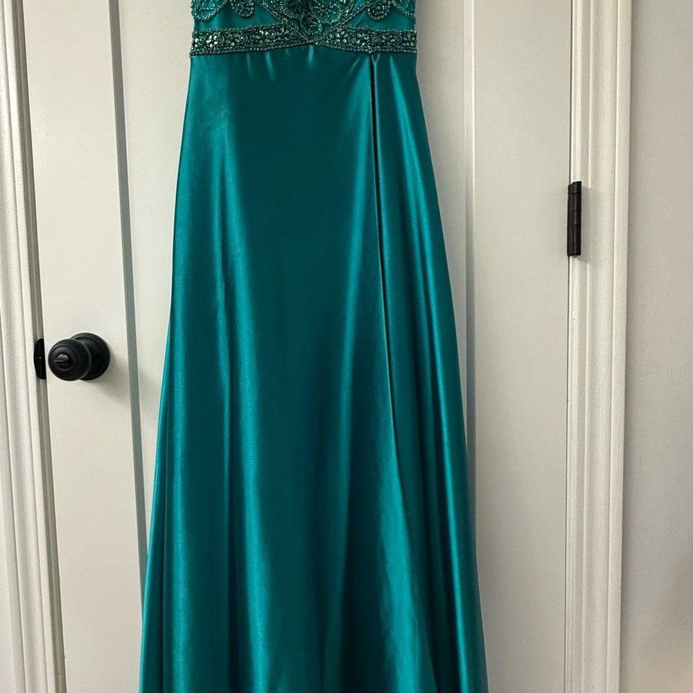 Beaded Bodice Teal Satin Maxi Dress